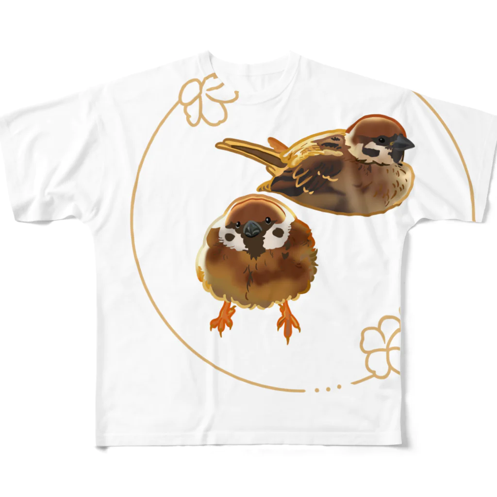 やちよ｜リアル鳥イラストの金色のふくらすずめさん All-Over Print T-Shirt