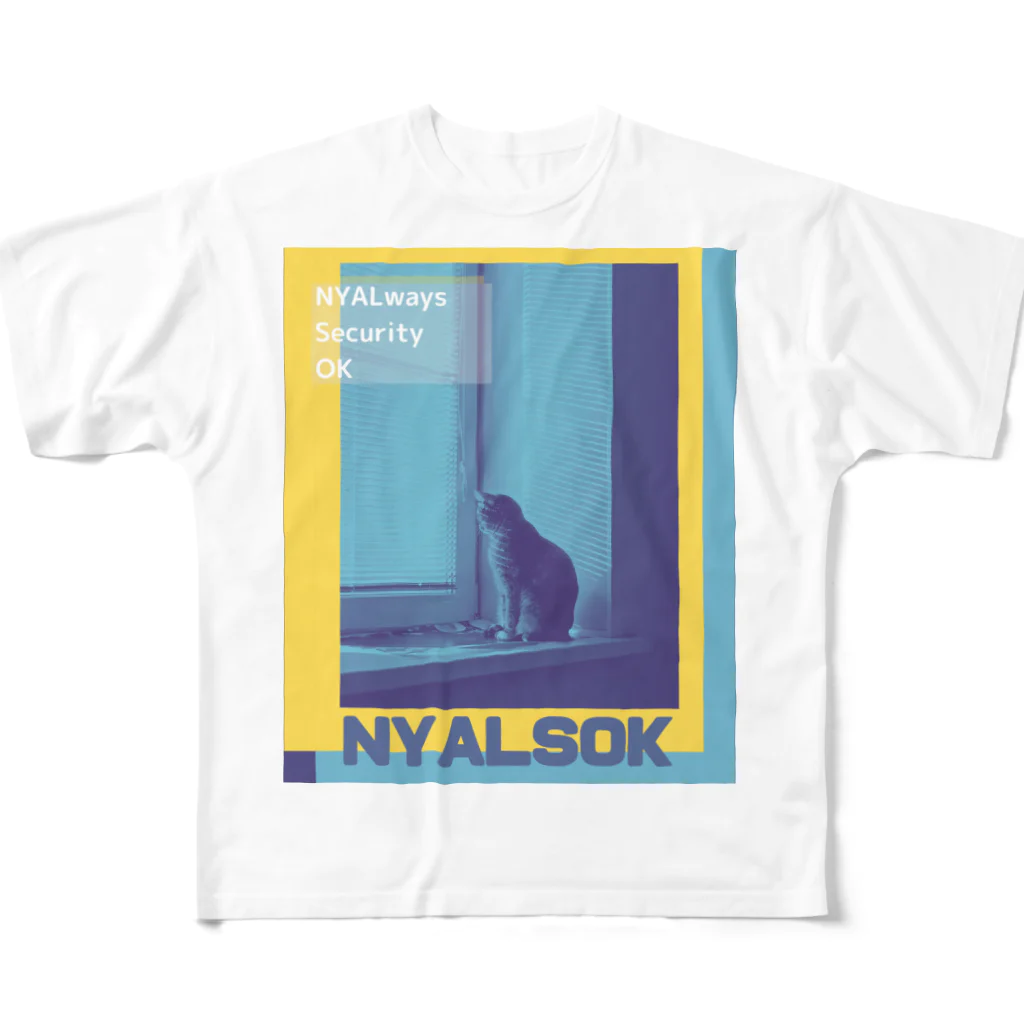 ＠meiliecat🐈original goodsのにゃるそっく🐈NYALSOK（ブルー×イエロー） フルグラフィックTシャツ