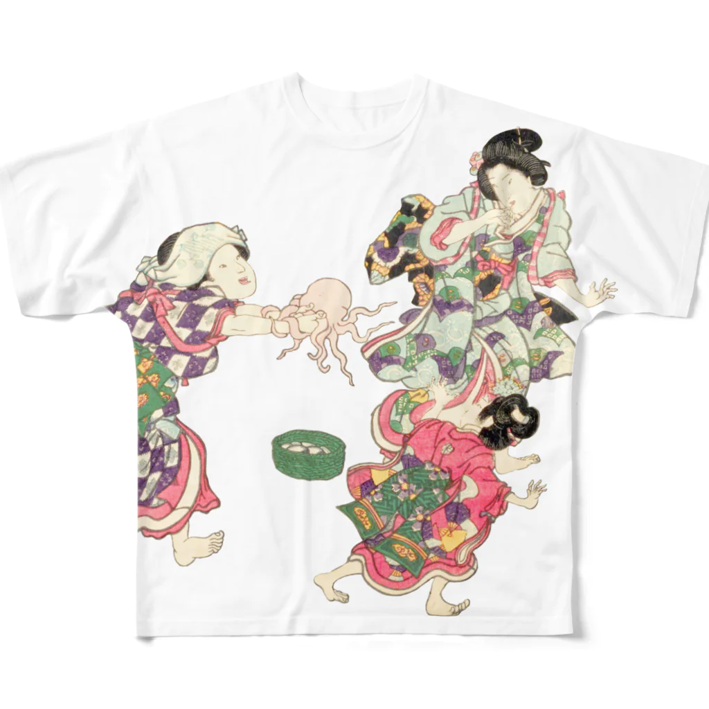 浮世絵ショップ のどぐろ　UKIYOE SHOP NODOGUROの  タコ　明石浦汐干狩図 / Akashiura clam digging All-Over Print T-Shirt