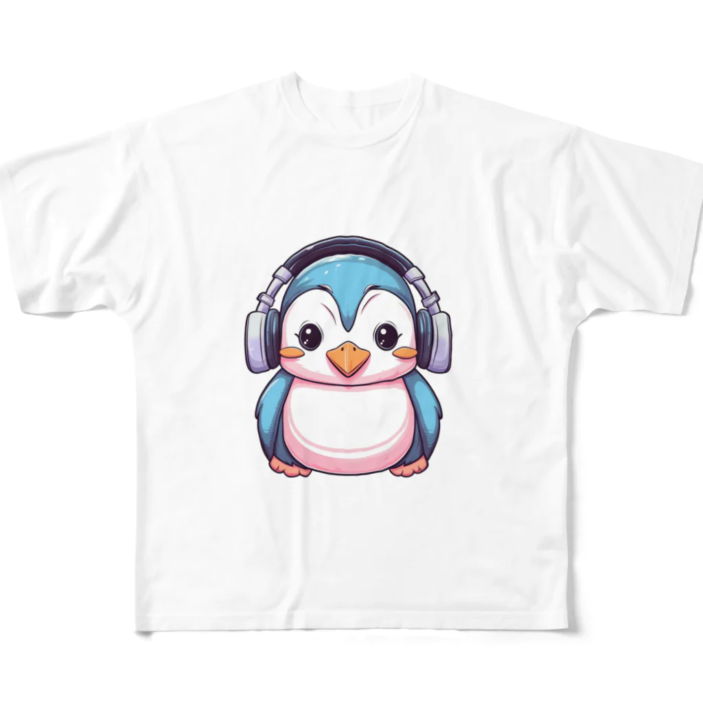 Vasetti_pressのヘッドホンを付けているペンギン フルグラフィックTシャツ