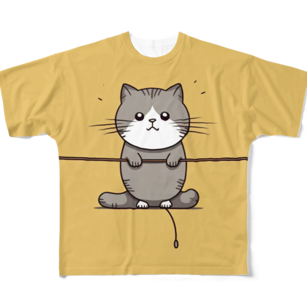 Yokogawaのロープにぎりぎりぶら下がった灰色の猫 フルグラフィックTシャツ