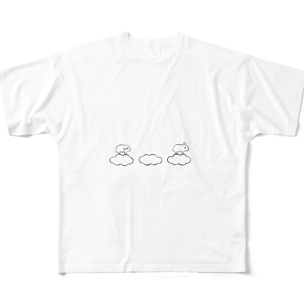 hito koboの雲に乗って空を飛ぶうさぎさんたち フルグラフィックTシャツ