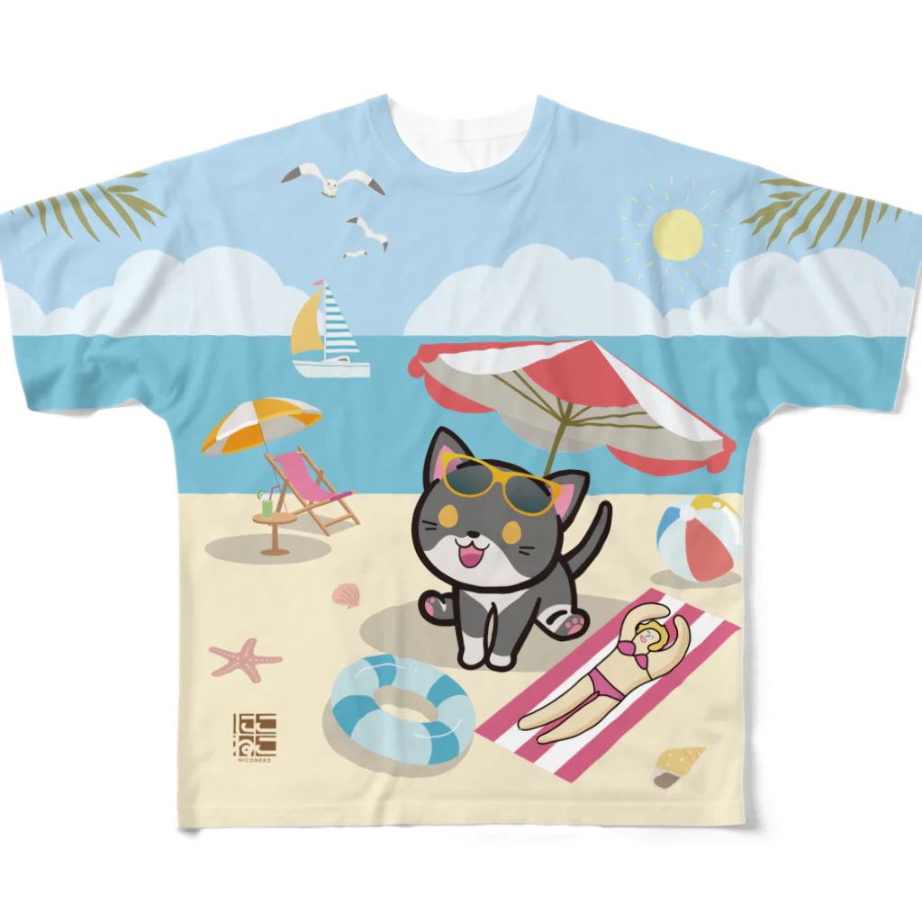 にこねこ【保護猫の保育園】のぴーたん海水浴フルグラフィックTシャツ All-Over Print T-Shirt