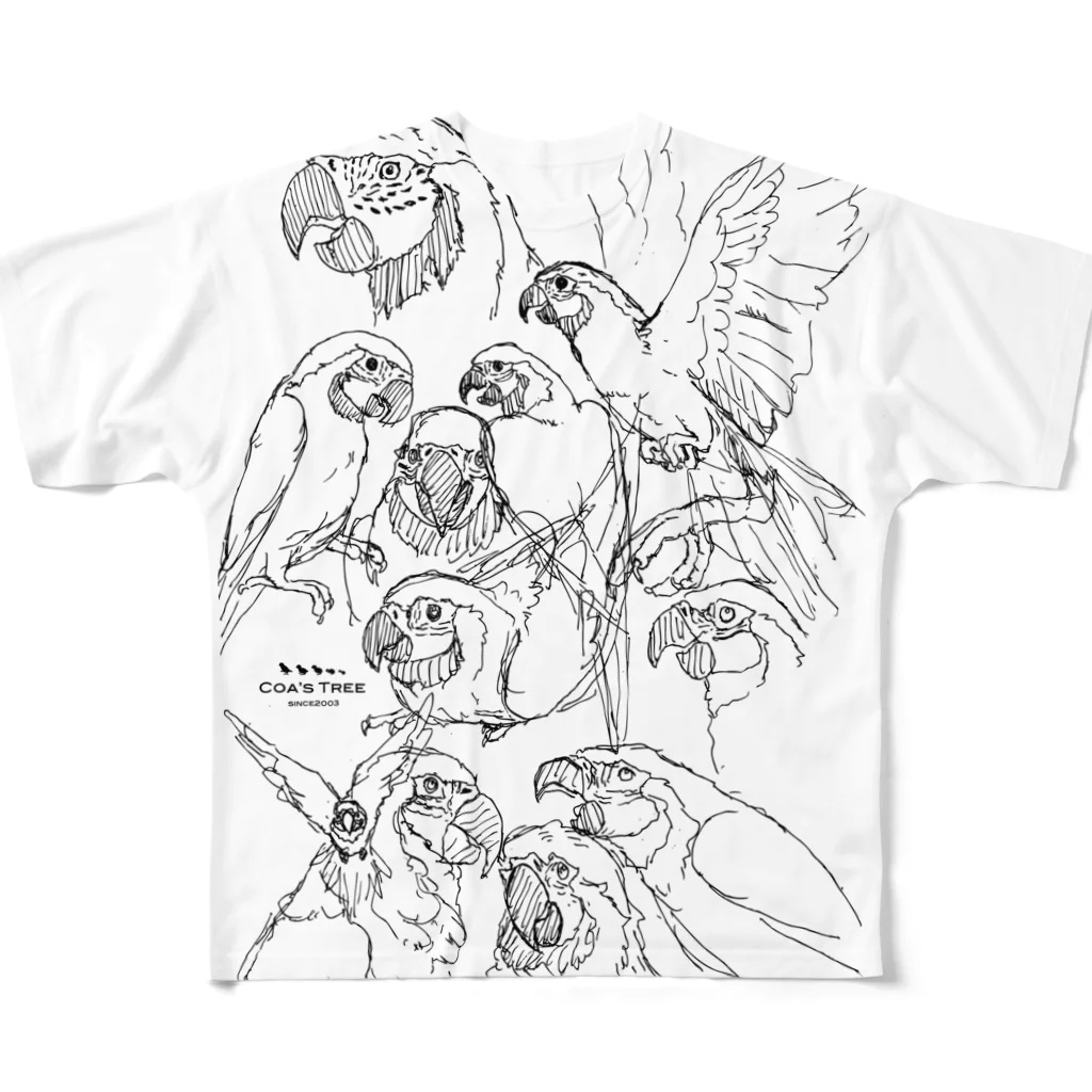 フロッグツリーのらくがきルリコンゴウインコ フルグラフィックTシャツ