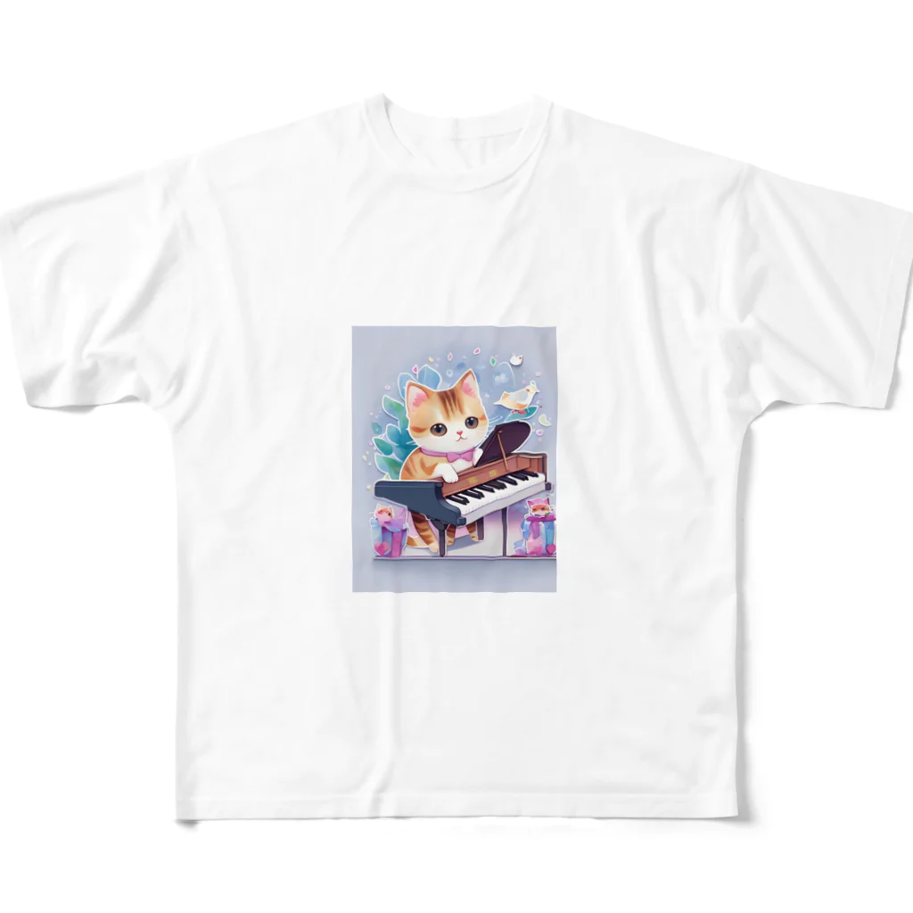 dolphineの愛くるしい猫ちゃん＆ピアノ フルグラフィックTシャツ