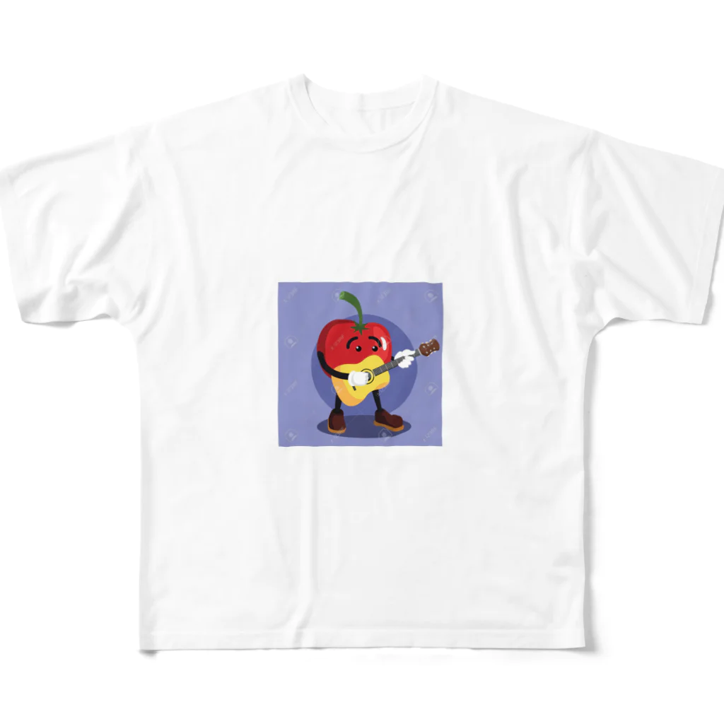 satomatoのイラストのギターを弾くトマトくん フルグラフィックTシャツ