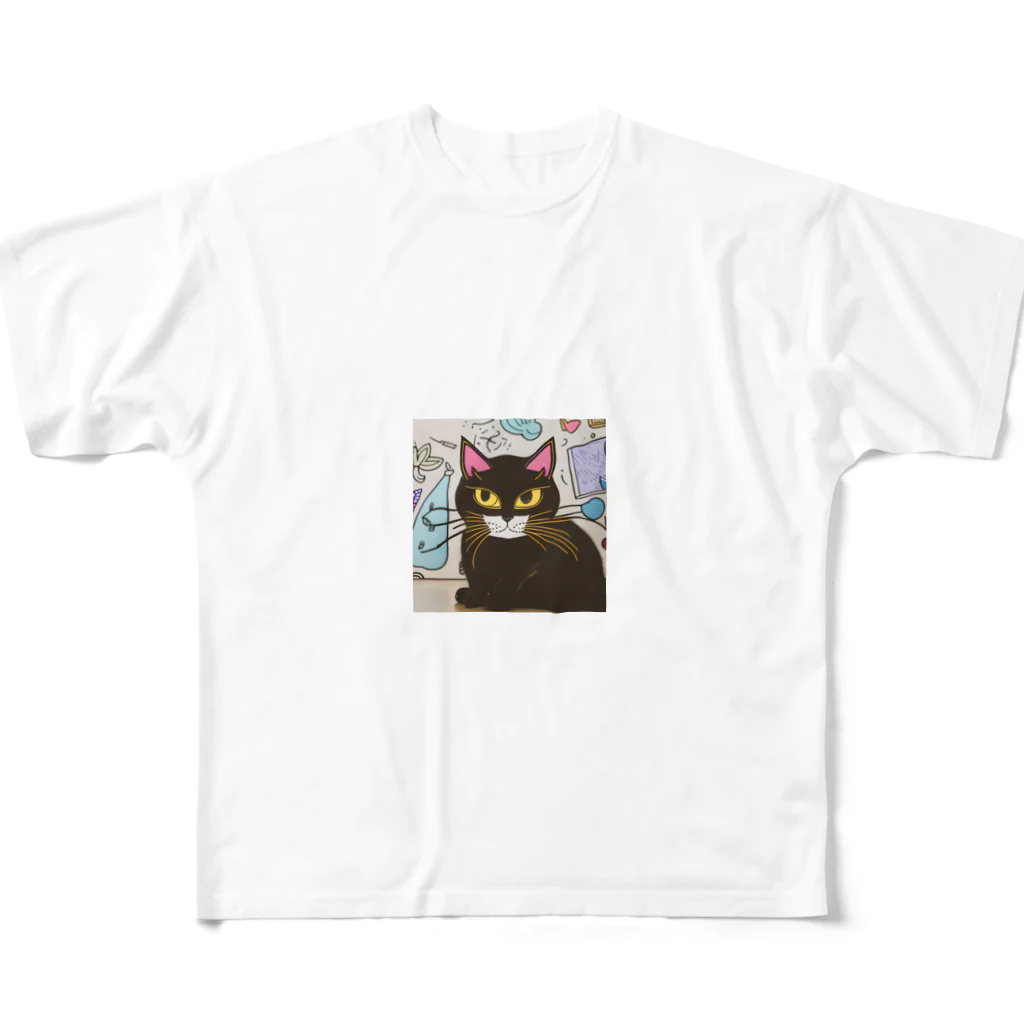  🌸 はにゃんshop 🌸の🌟 はにゃん一号店くろねこ 🌟 フルグラフィックTシャツ