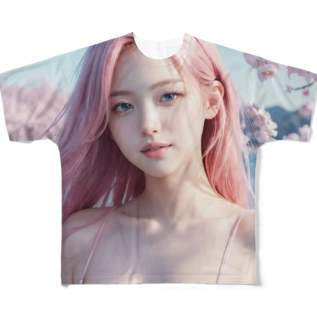 AI goddessの桜と川と青空と、ピンクの髪の女の子 All-Over Print T-Shirt