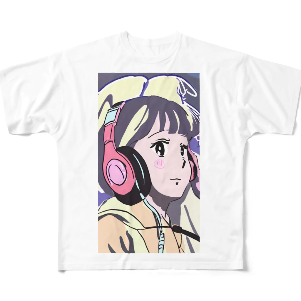 Tsuneのヘッドフォンを付けた女性キャラクターグッズ フルグラフィックTシャツ