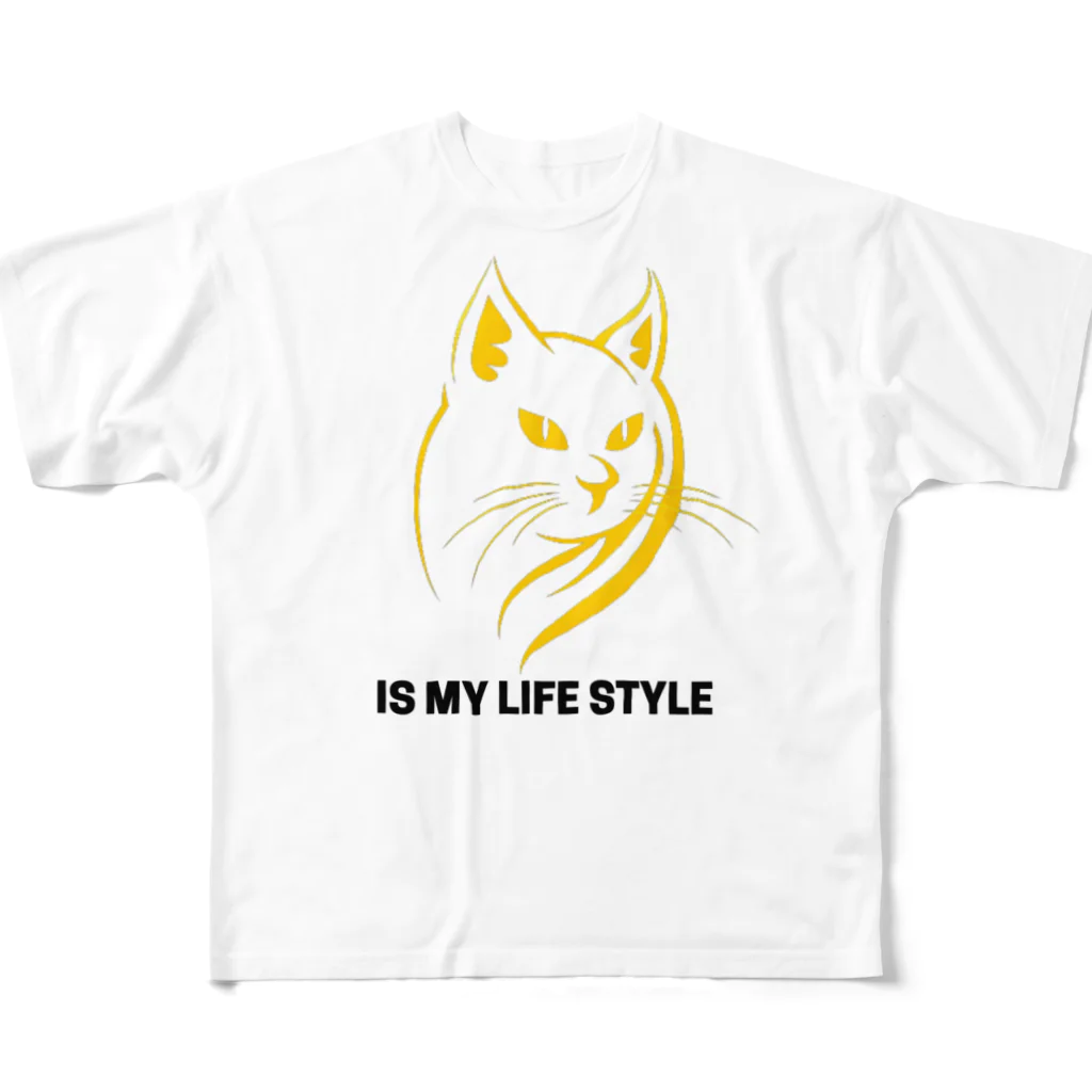 猫キングの幻想的な猫のデザイン フルグラフィックTシャツ