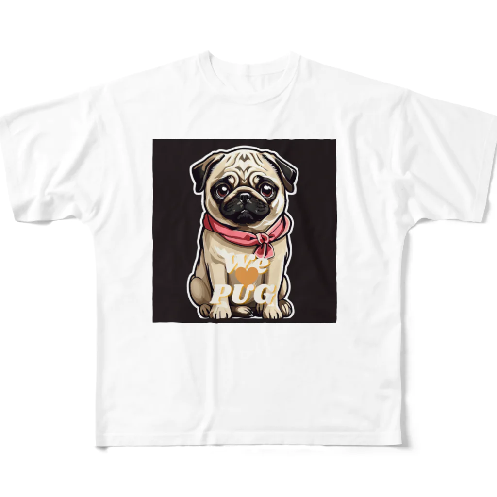 LEONのWe♥PUG　ブラック（パグ大好き！） フルグラフィックTシャツ