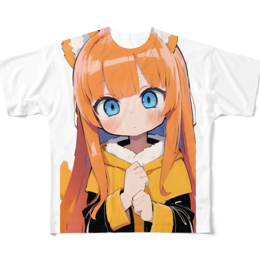 ケモ耳美少女キツネちゃん（AIart）のキュートなオレンジ髪のキツネの女子 フルグラフィックTシャツ