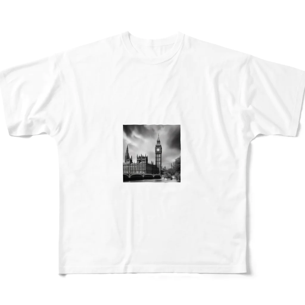 NYNANTのモノクロ　世界遺産　ウェストミンスター宮殿　ビッグベン All-Over Print T-Shirt