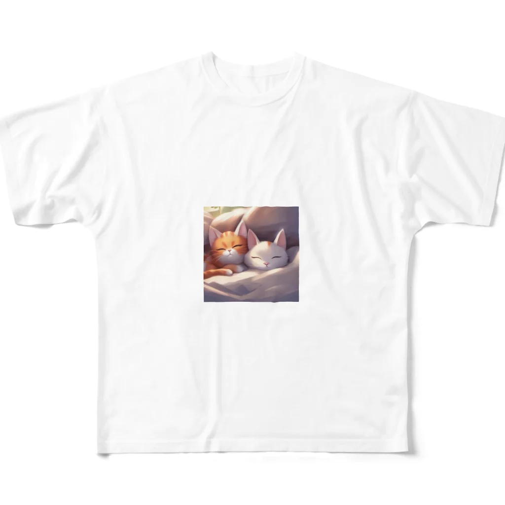 夫婦にゃんこの休日に布団から出てこない夫婦ネコ All-Over Print T-Shirt