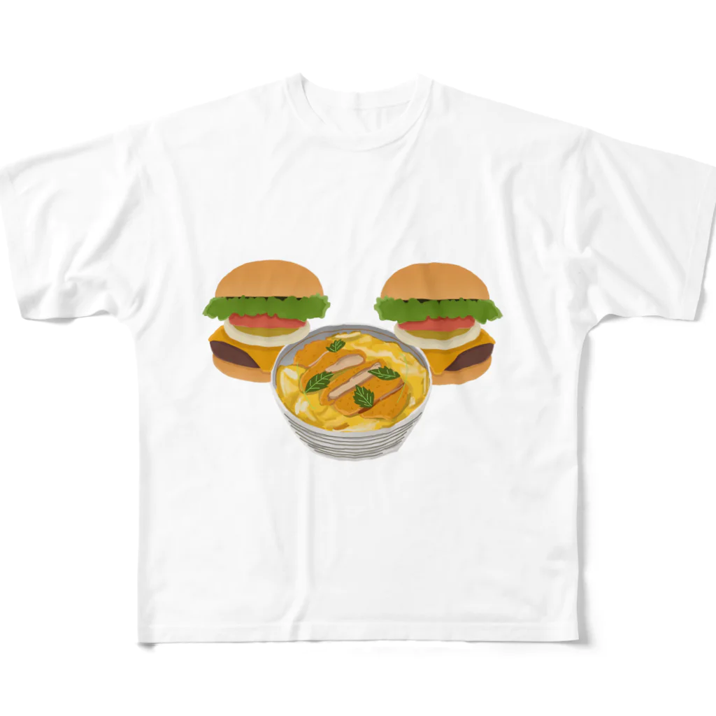 徳原旅行先のお土産屋さんのかつ丼とハンバーガー２個 フルグラフィックTシャツ