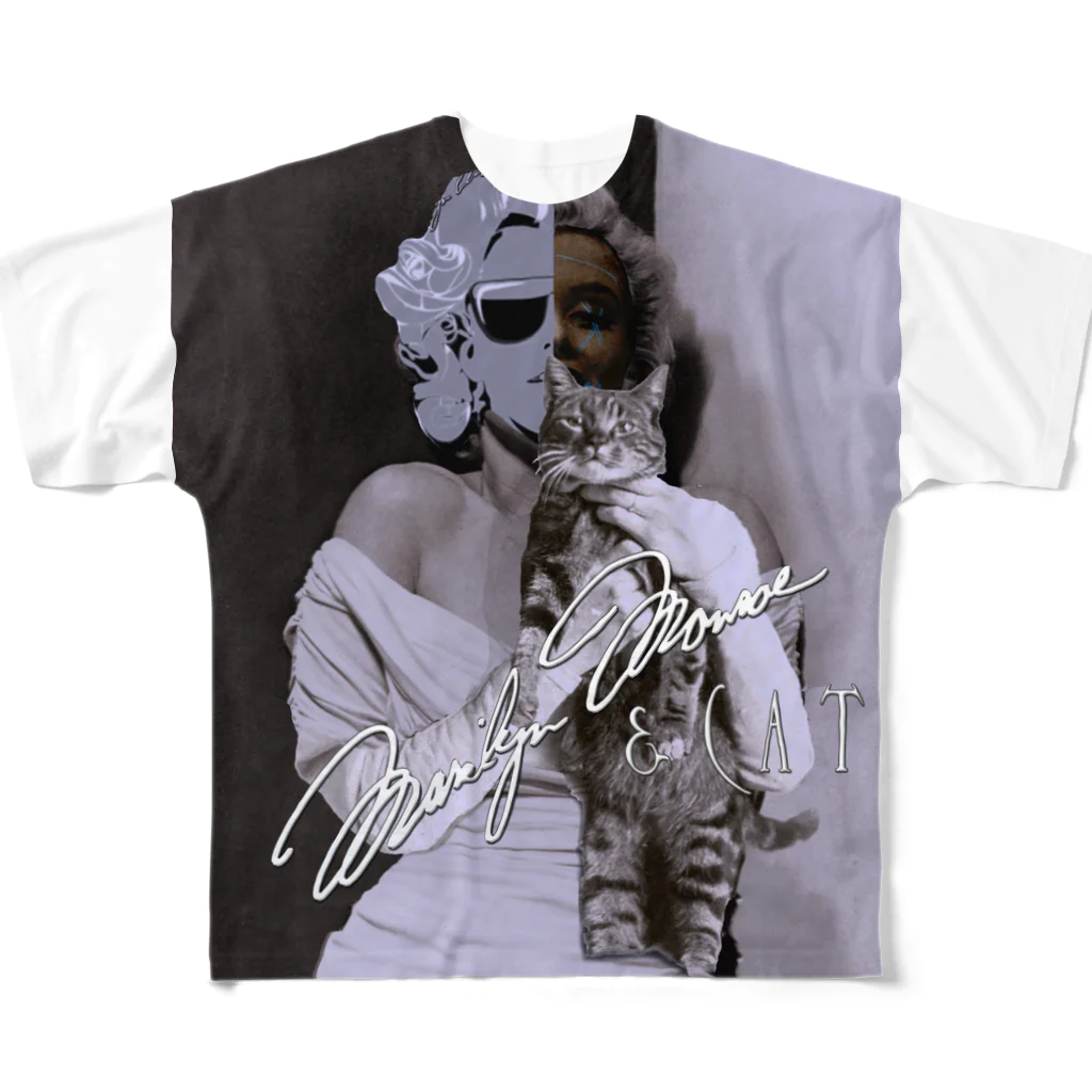 PALA's SHOP　cool、シュール、古風、和風、のMarilynMonroe　&　CAT フルグラフィックTシャツ