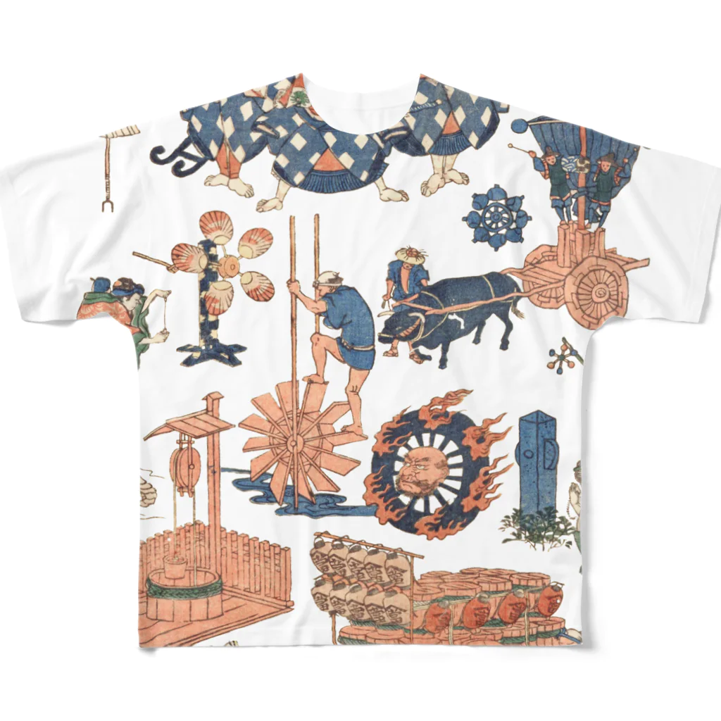 浮世絵ショップ のどぐろ　UKIYOE SHOP NODOGUROの新板車つくし/ New board, full of cars All-Over Print T-Shirt