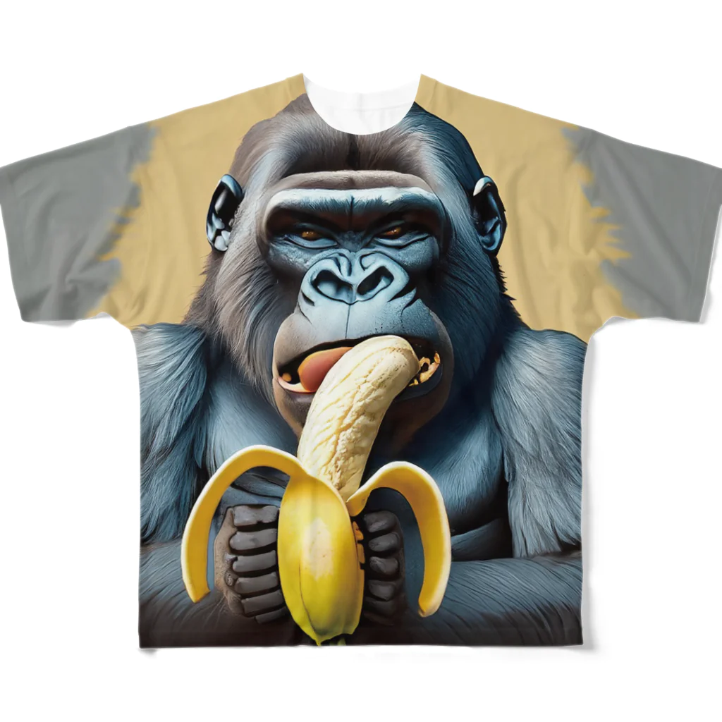 MAMETAMATANの渋めのゴリラとBANANA フルグラフィックTシャツ