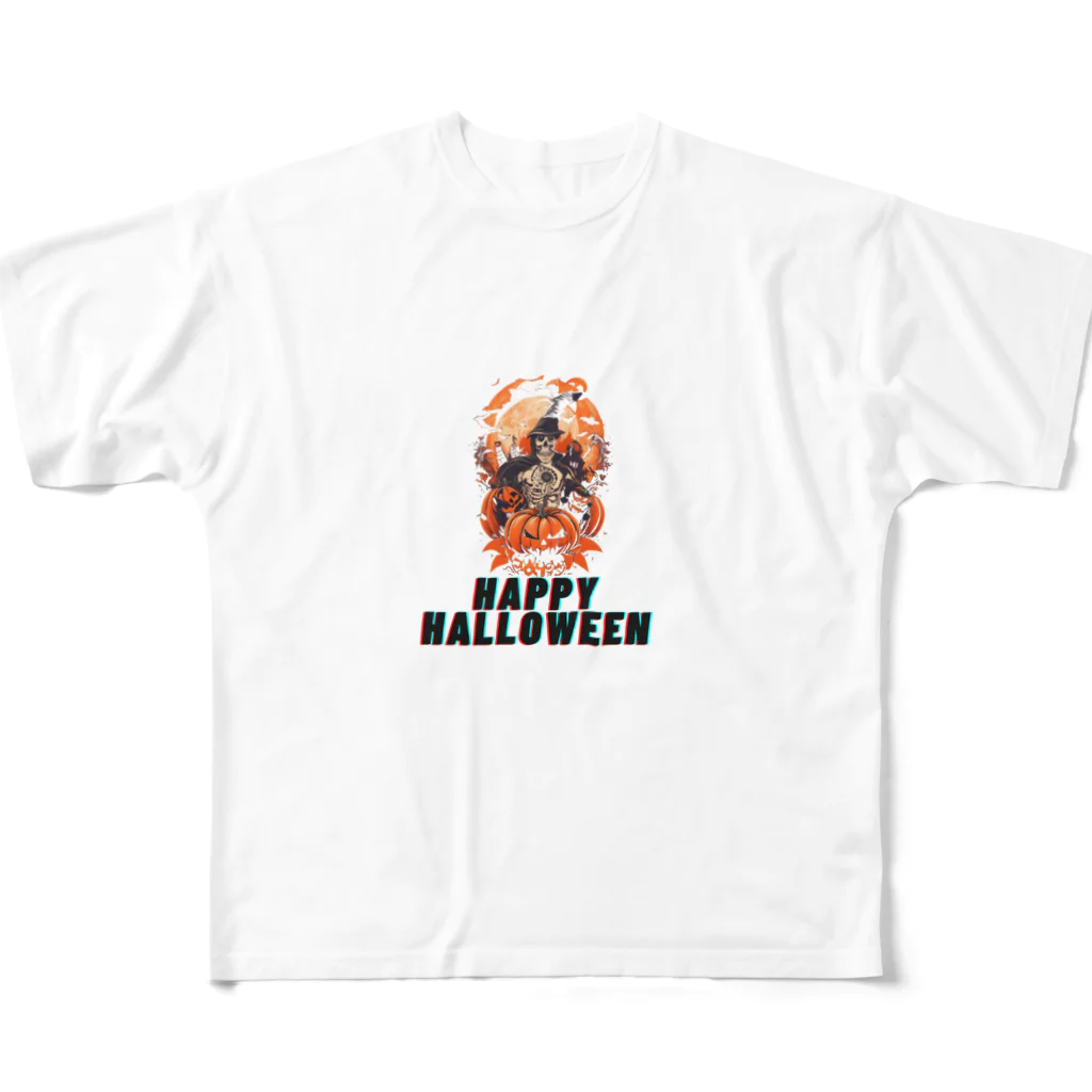 面白デザインショップ ファニーズーストアの Happy　Halloween(骸骨） フルグラフィックTシャツ