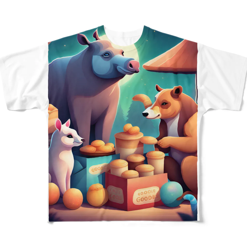 動物のオシャレ屋の夜空の下で食卓を囲む動物たち All-Over Print T-Shirt