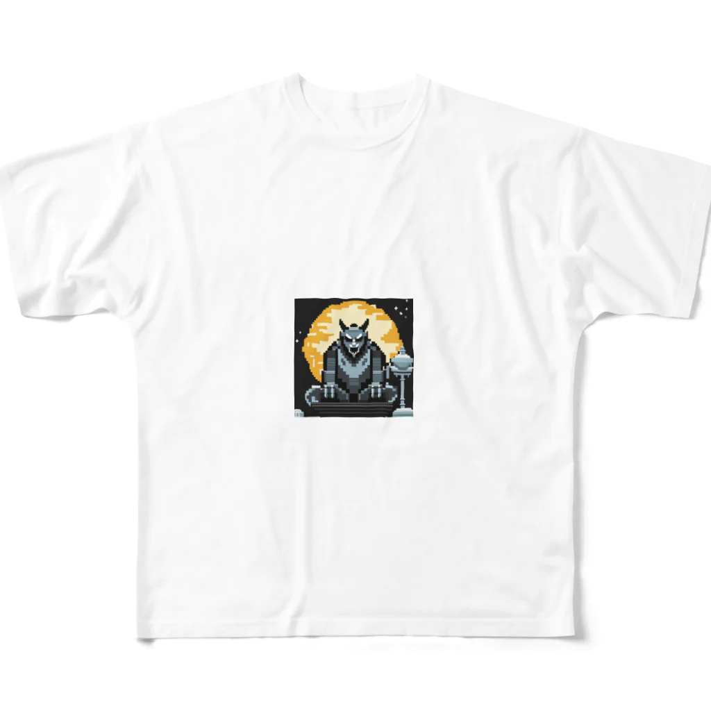 umakoiの満月を背景に祀られる狼男の像のドット絵 All-Over Print T-Shirt