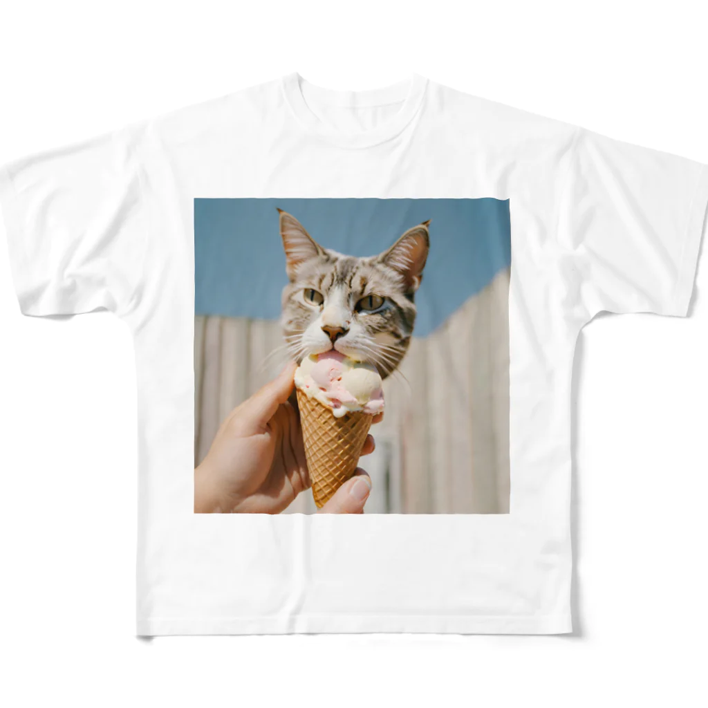 猫雑貨屋　ねこまろのアイスにかぶりつく猫 All-Over Print T-Shirt