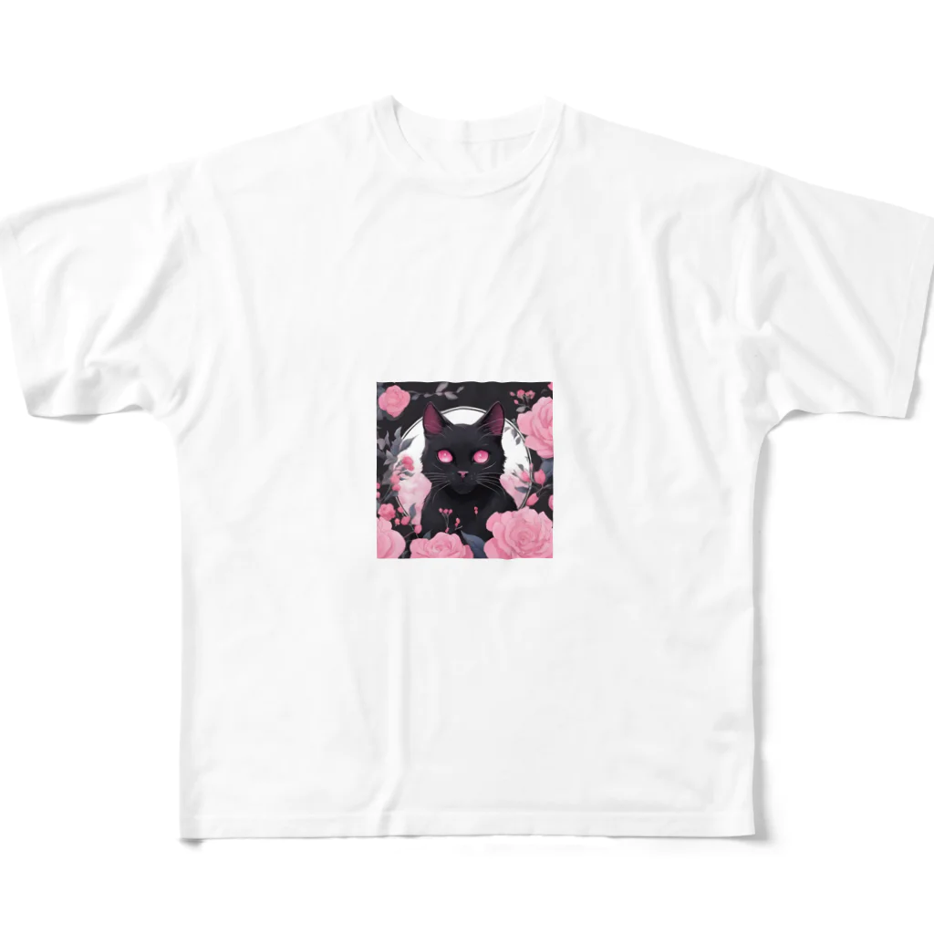 shachashachaの花と黒猫 フルグラフィックTシャツ