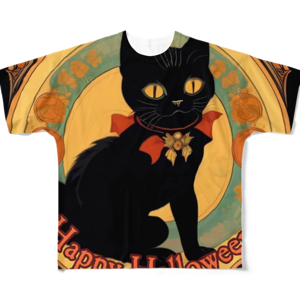 めそぽのHappy Halloweenの黒猫 フルグラフィックTシャツ