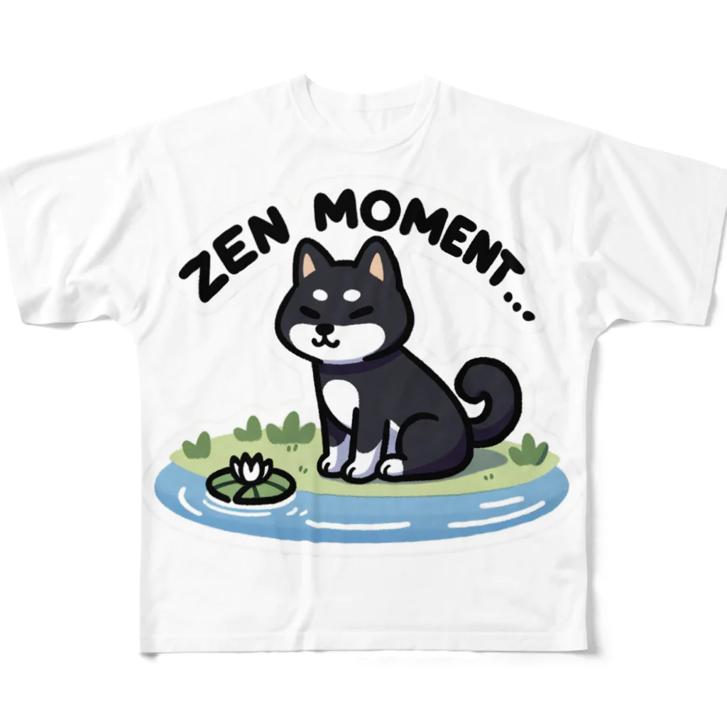 柴ケンの犬小屋商店SUZURI店 ー 柴犬グッズ専門店の座禅する黒柴犬 All-Over Print T-Shirt