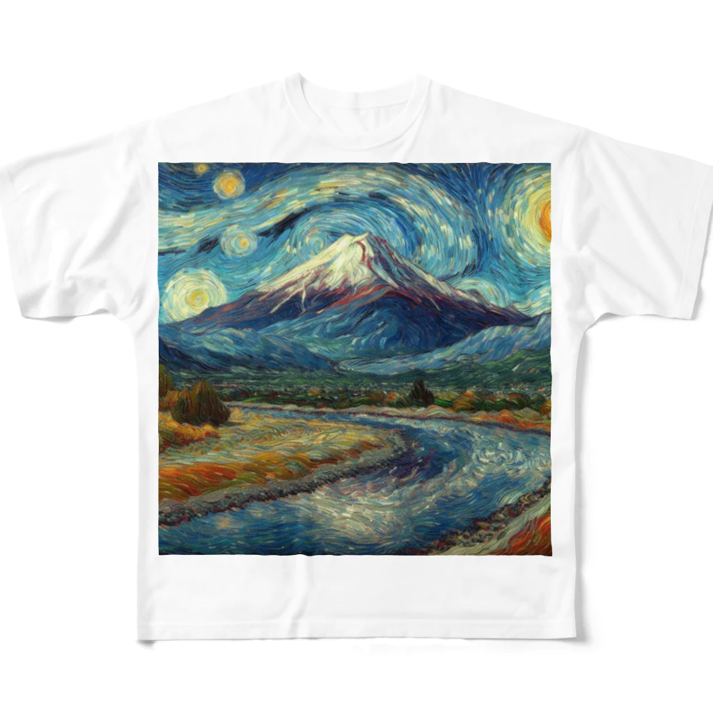 鷹鷹のゴッホ風フジヤマ All-Over Print T-Shirt