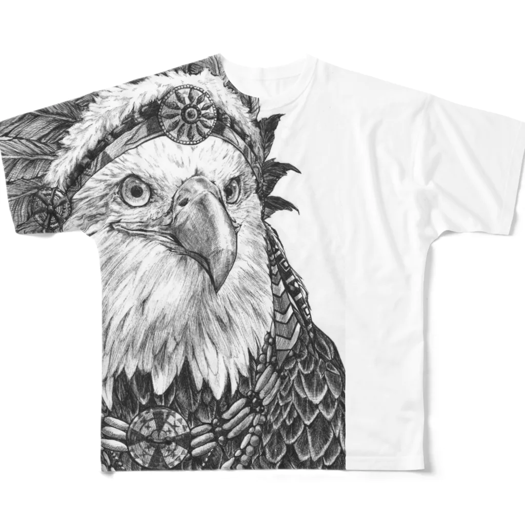 Noir et Blancのハクトウワシ-インディアン- フルグラフィックTシャツ