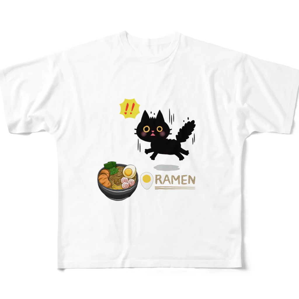 MirofuruDesignのラーメンが大好きな黒猫がラーメンを見つけて驚いている All-Over Print T-Shirt