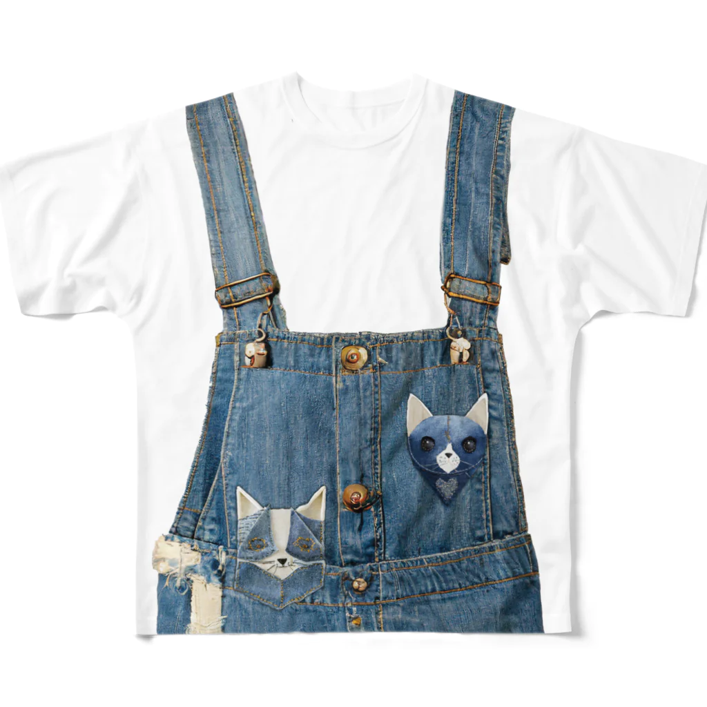 猫神のオーバーオール&バンダナ フルグラフィックTシャツ