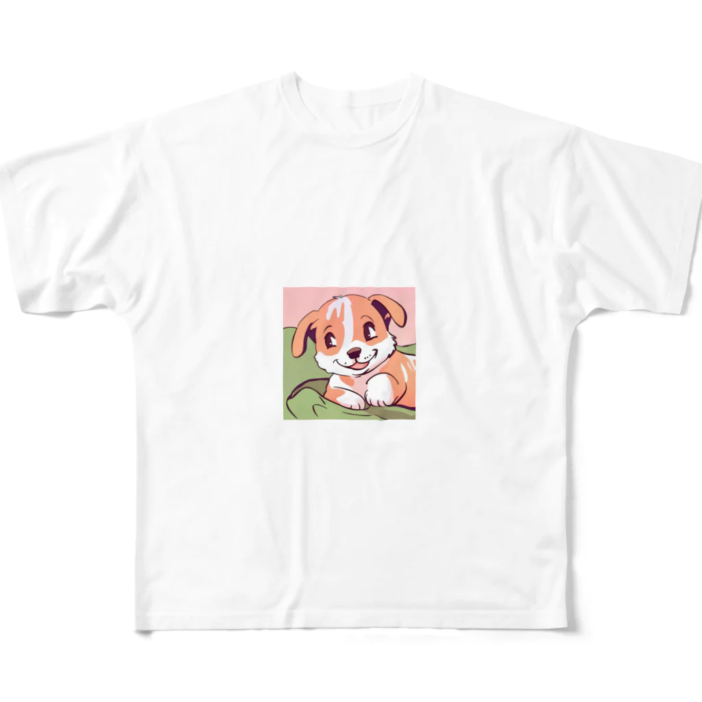 m222web-shopの寝転んで微笑む子犬のイラストグッズ フルグラフィックTシャツ