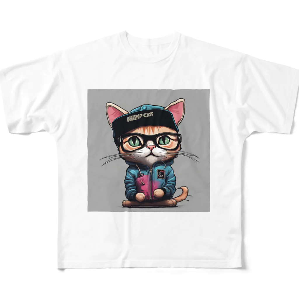 非常口社長のヒップホップ猫 フルグラフィックTシャツ