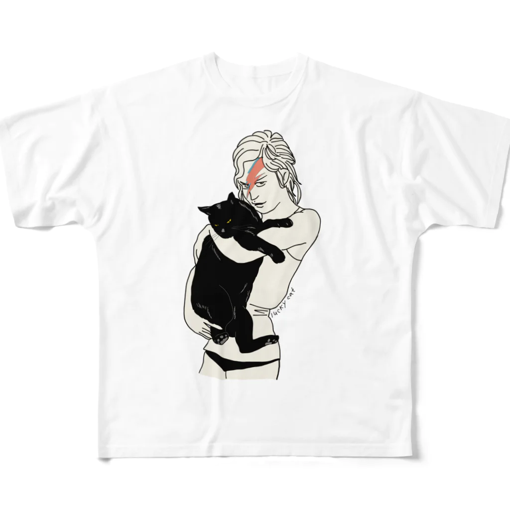 小鳥と映画館のイナズマメイクの女性と黒猫 All-Over Print T-Shirt