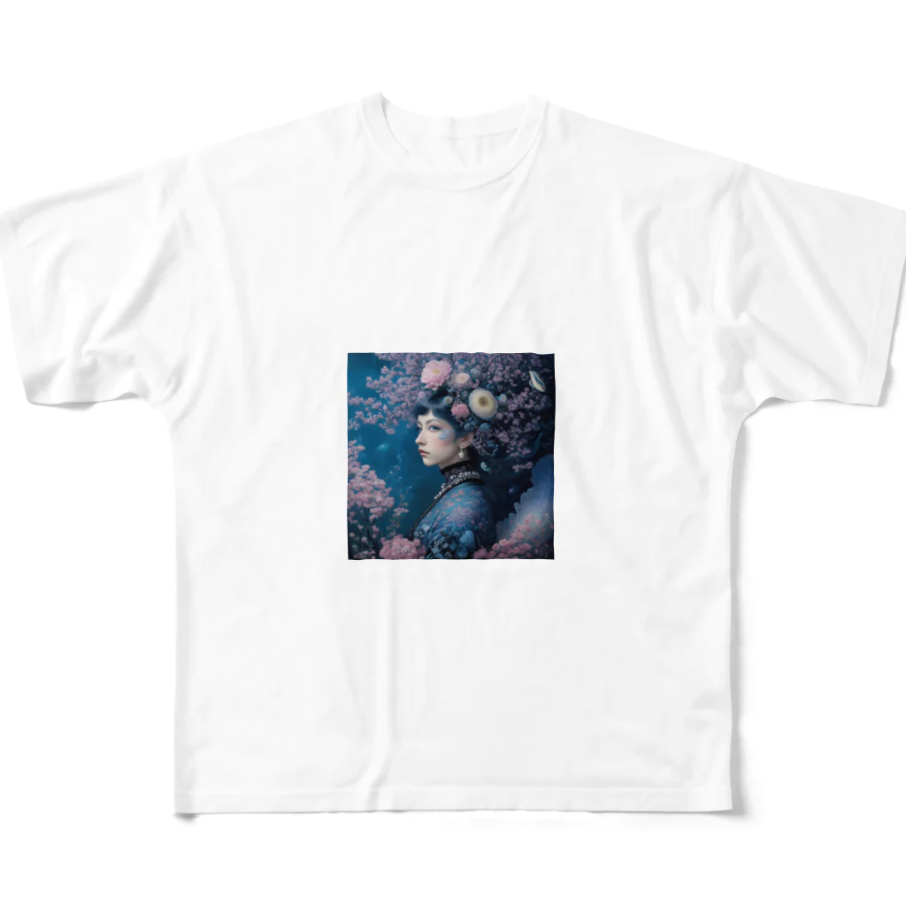 ZZRR12の「夜桜の幻想：桜の精霊」 - "Night Sakura Fantasia: Spirit of the Cherry Blossom" フルグラフィックTシャツ