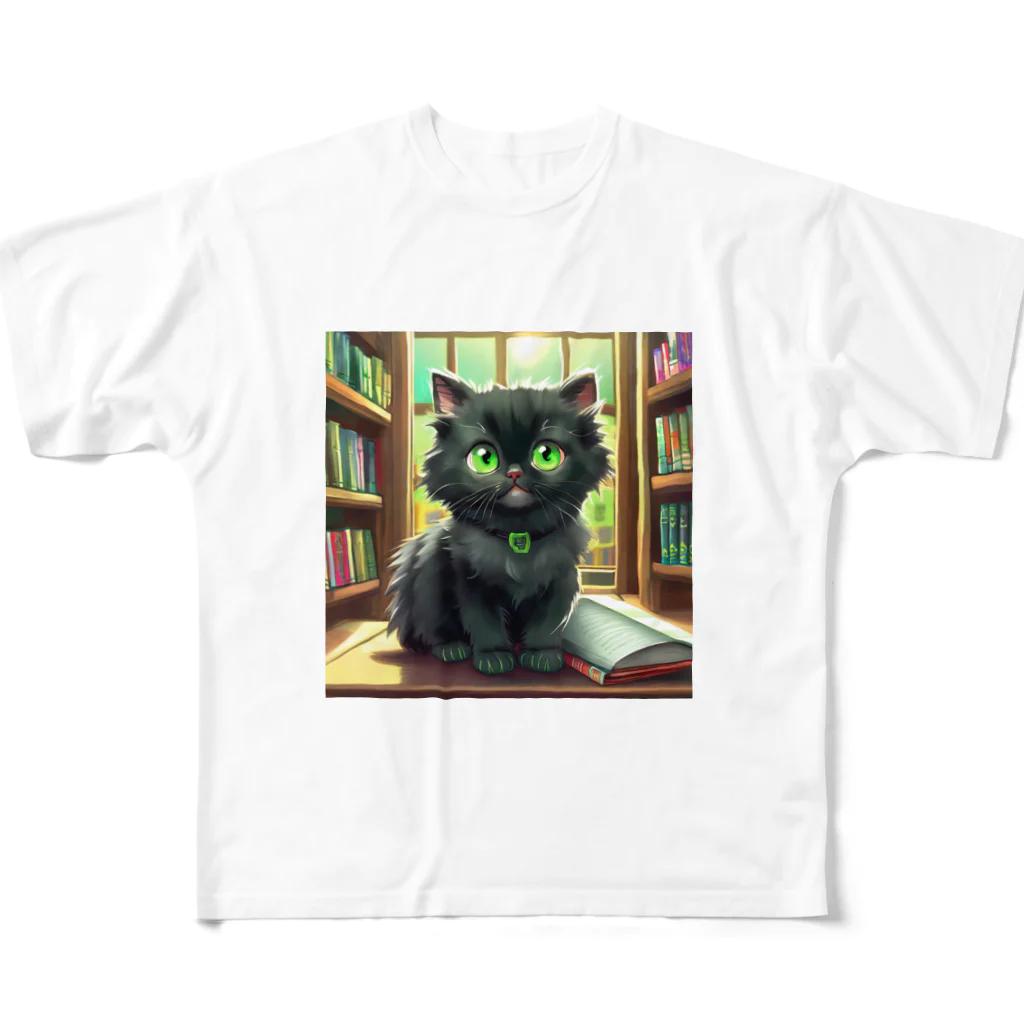 yoiyononakaの図書室の黒猫01 フルグラフィックTシャツ