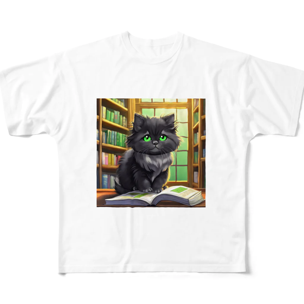 yoiyononakaの図書室の黒猫02 All-Over Print T-Shirt