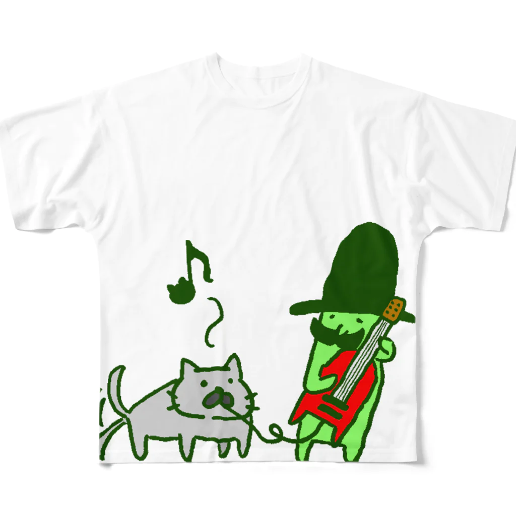 やまさきしごとにんショップの猫に乗ったみどりいろ紳士（ギター） All-Over Print T-Shirt