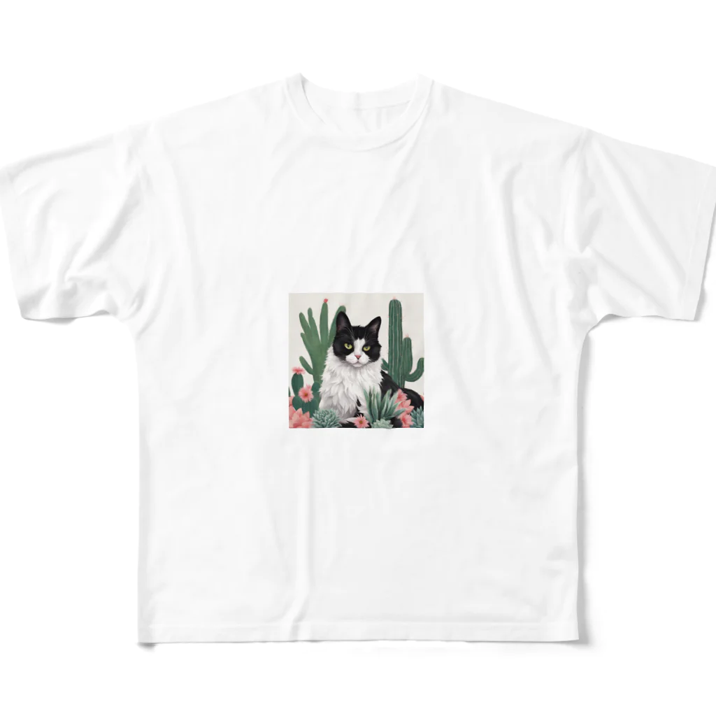 capcat1919のハチワレ白黒猫とサボテン All-Over Print T-Shirt