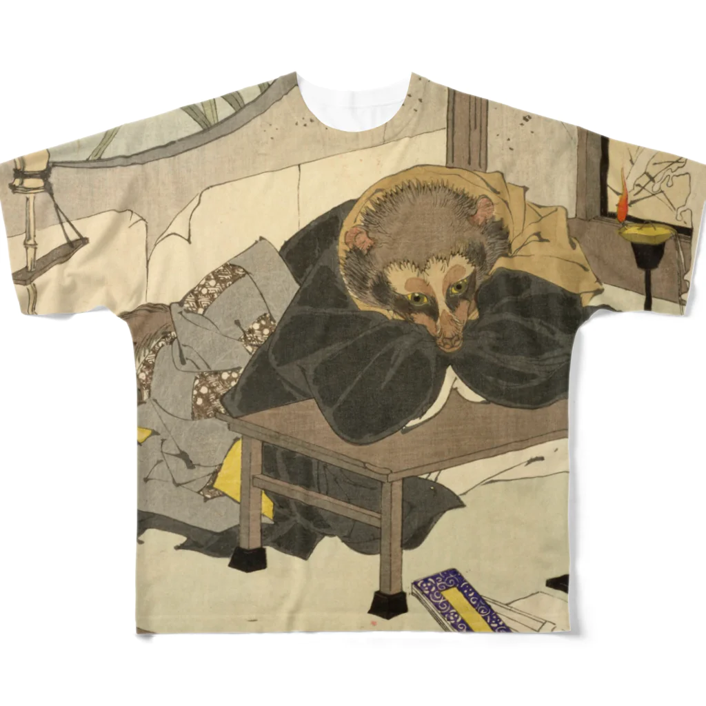 浮世絵ショップ のどぐろ　UKIYOE SHOP NODOGUROの狸　茂林寺の文福茶釜 /  Bunpuku Chagama at Morinji Temple All-Over Print T-Shirt