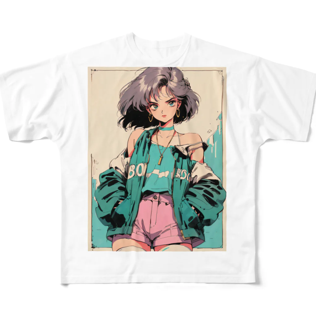 80s pop anime artの信じられないほど理不尽な学生 フルグラフィックTシャツ