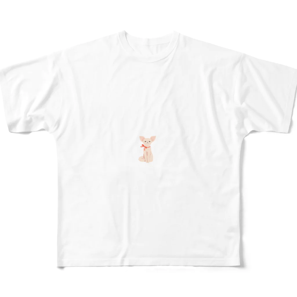 モサモサショップのリボンを巻いたチワワ フルグラフィックTシャツ