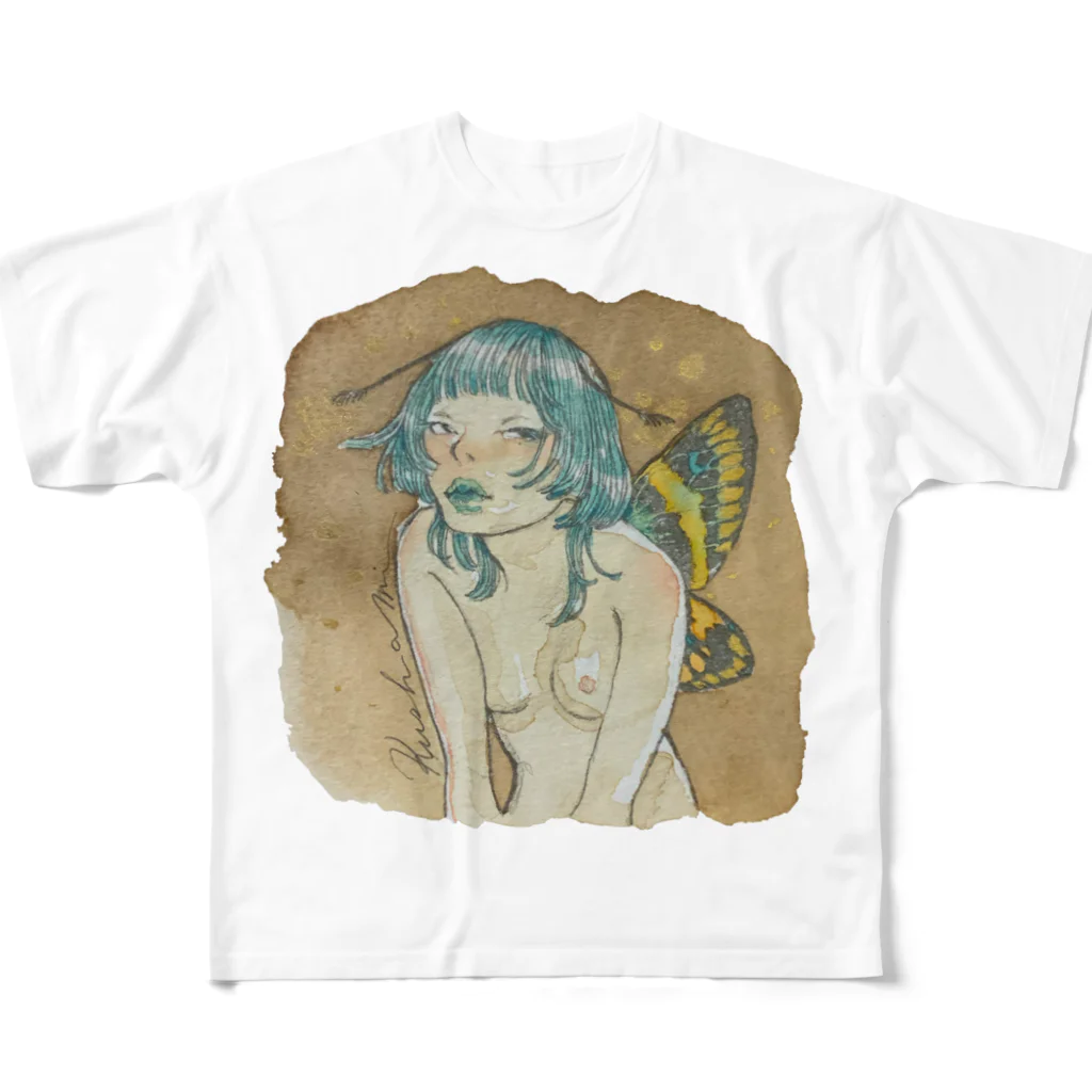 KushaMiの珈琲染めの蝶 All-Over Print T-Shirt