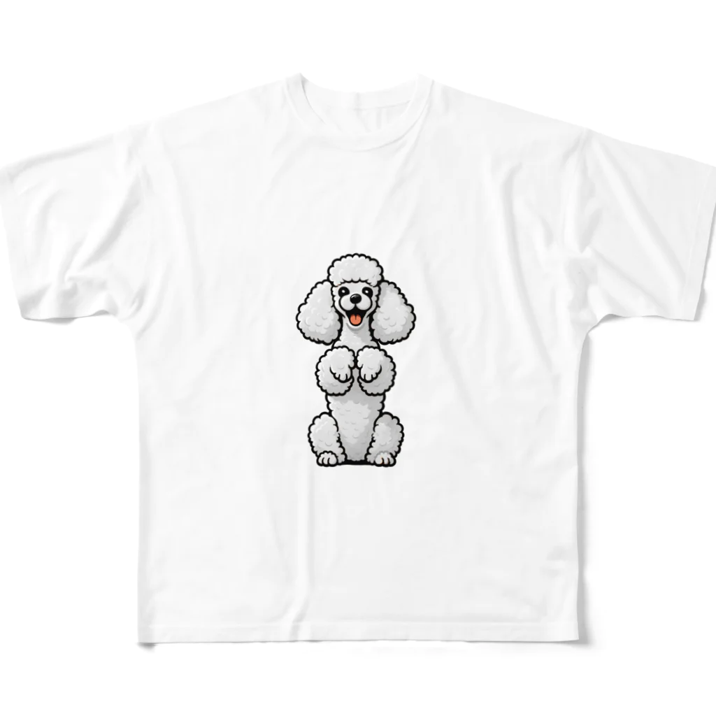 COCO SHOPのホワイトカラーのプードル（ちんちんポーズ） フルグラフィックTシャツ