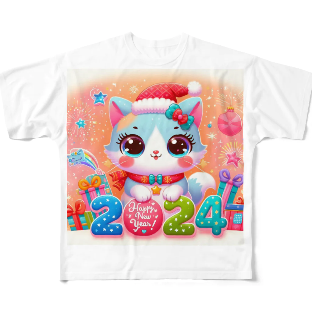 ニャーちゃんショップの新年を迎える猫  2024 All-Over Print T-Shirt