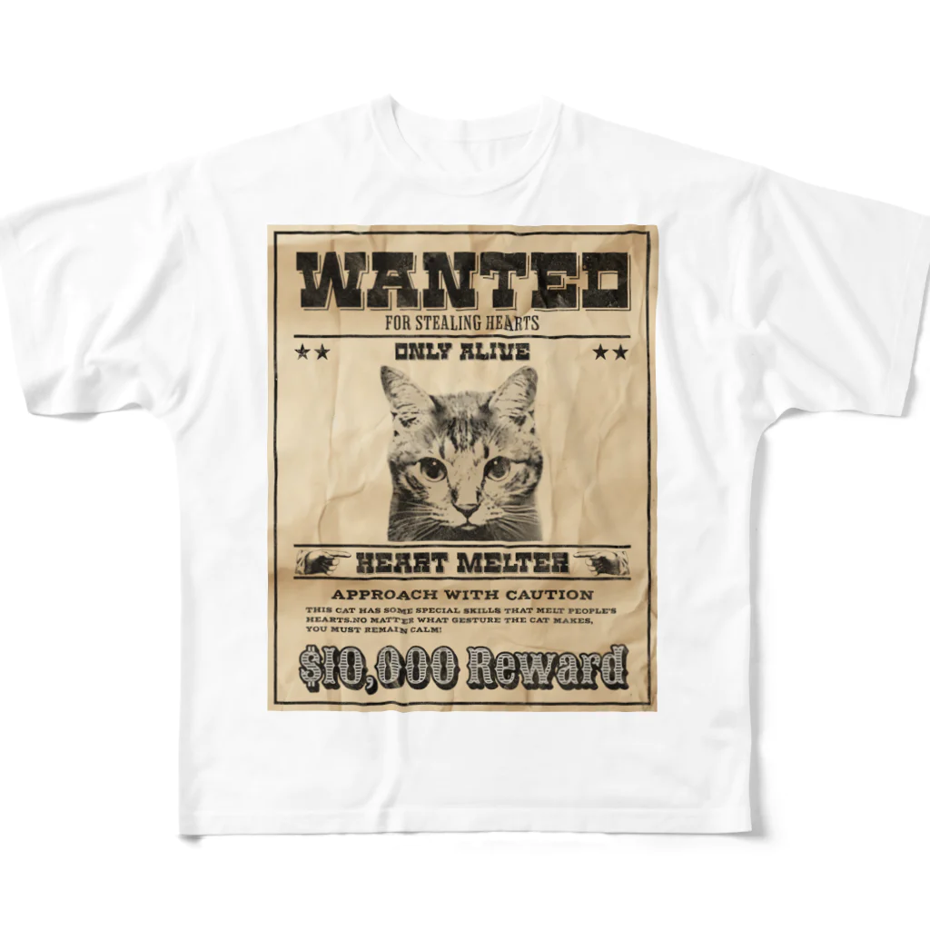 野良猫は星空の夢を見るのWANTED ハート泥棒（舌をだす猫） フルグラフィックTシャツ