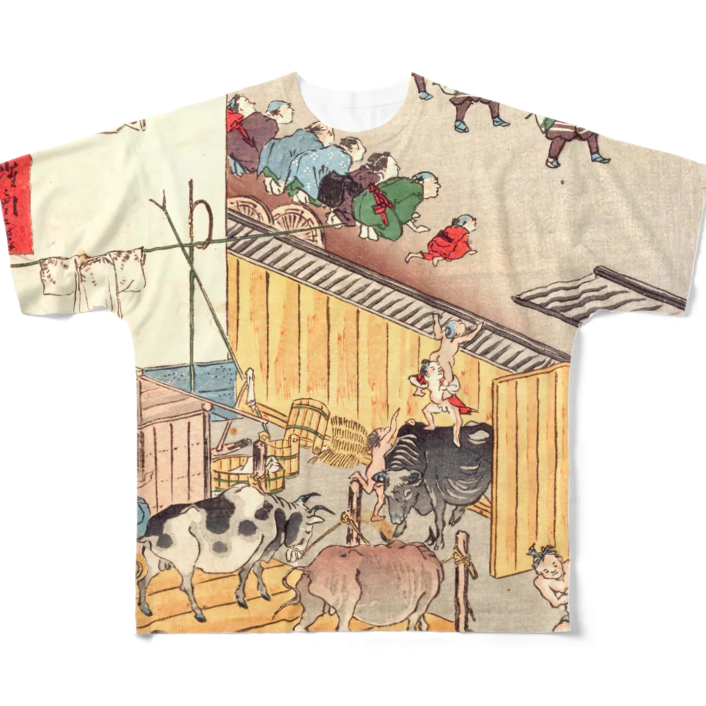 浮世絵ショップ のどぐろ　UKIYOE SHOP NODOGUROの東海道　高縄牛ご屋 / Tokaido Takanawa cow shed All-Over Print T-Shirt