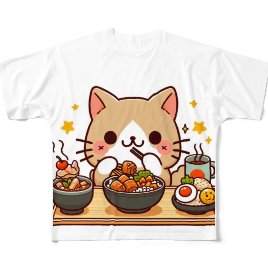 zuuu-の☆食いしん坊にゃんこ☆ フルグラフィックTシャツ